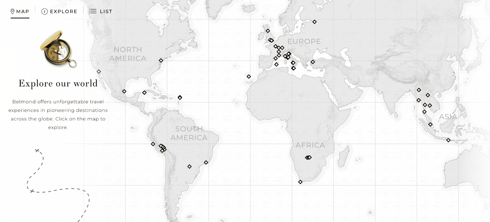 A map of global Belmond Bellini locations A map of global Belmond Bellini locations